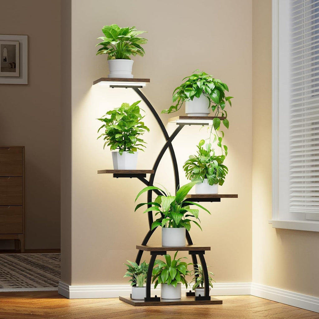 6 Tier Plant Stand Indoor with Grow Light 36 Inch Corner Plant Shelf Black Metal