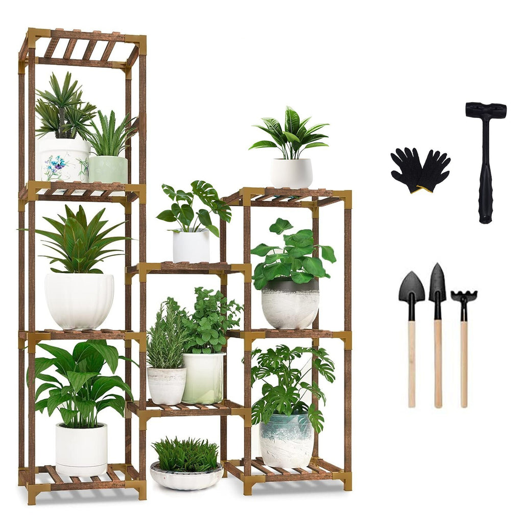 Wood Plant Stand Indoor Outdoor,Wood Plant Shelf with 3 Tier Ladder & 9 Pots