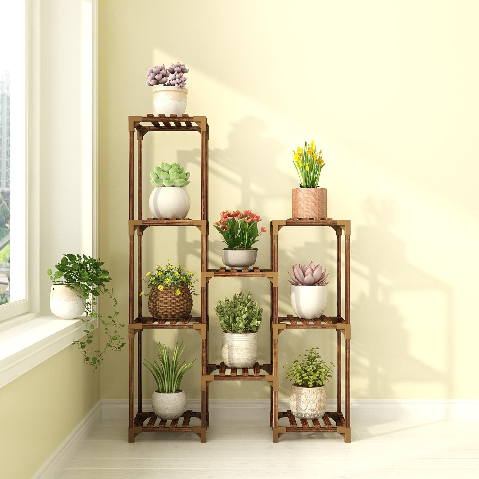 Wood Plant Stand Indoor Outdoor,Wood Plant Shelf with 3 Tier Ladder & 9 Pots