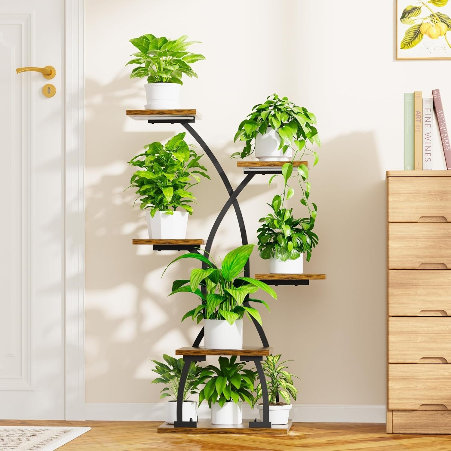 6 Tier Plant Stand Indoor with Grow Light 36 Inch Corner Plant Shelf Black Metal