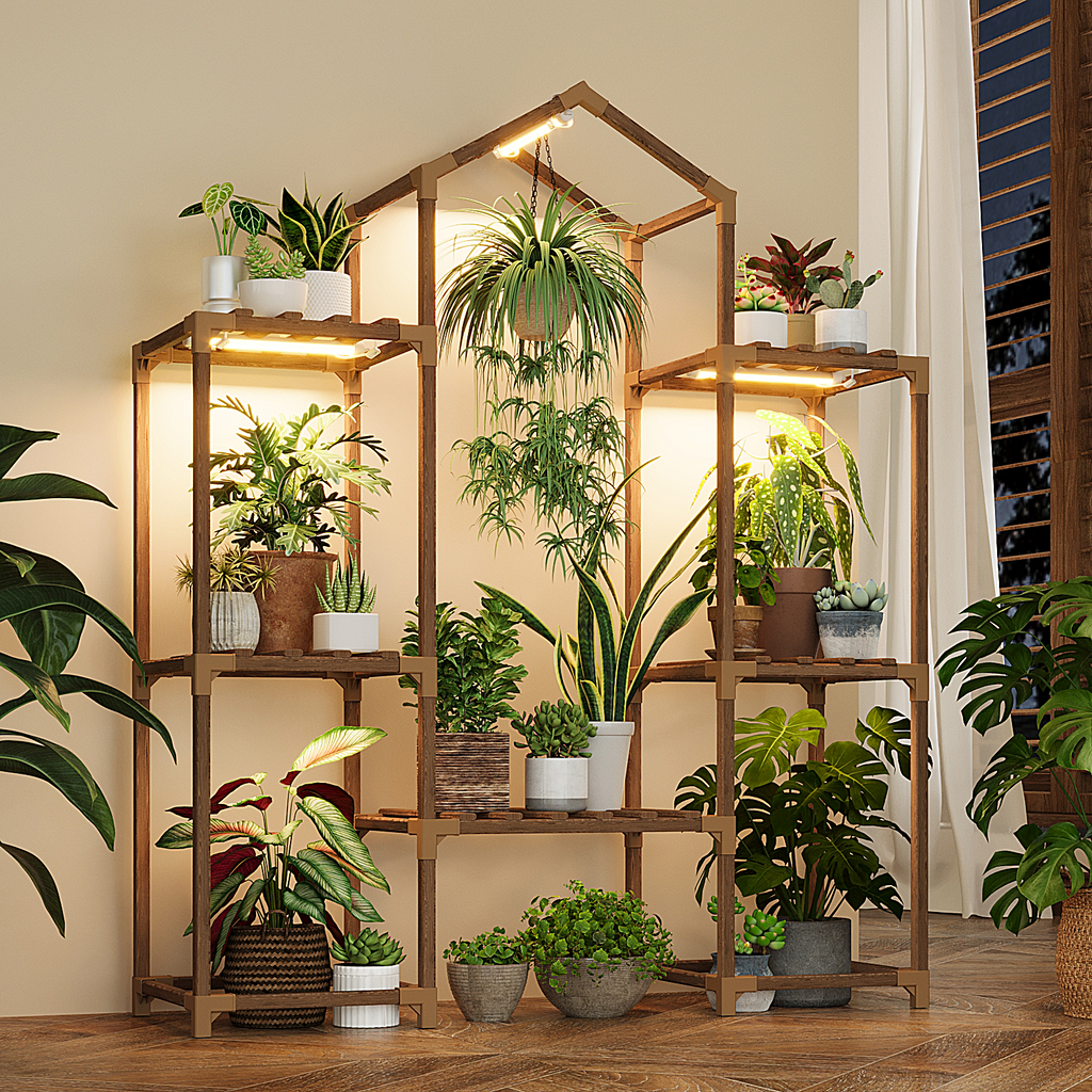 Plant Stand Indoor with Grow Lights Wood Plant Shelf for Hanging Plant
