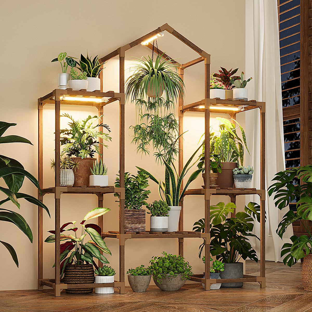 Plant Stand Indoor with Grow Lights Wood Plant Shelf for Hanging Plant
